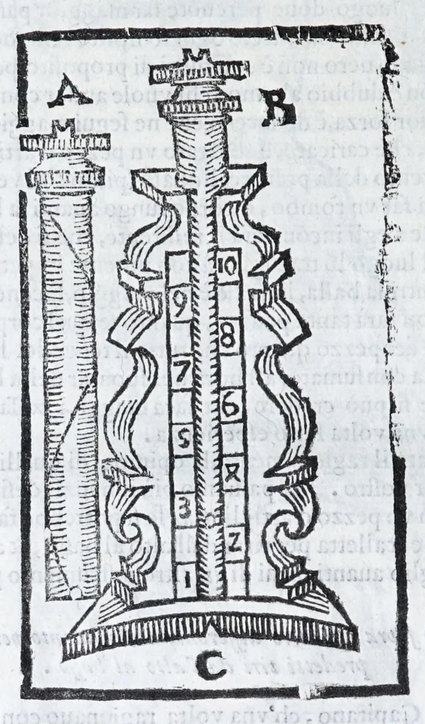 An illustration from Corona e palma militare di artiglieria et fortificationi : nellaquale si tratta dell'inuentione di essa, e dell'operare nelle fattioni da terra e mare, fuochi artificiati da giuoco e guerra, & d'vn nuouo instrumento per misurare distanze : con vn trattato della fortificatione moderna, e delli errori scoperti nelle fortezze antiche : tutto à proposito per detto essercitio dell'artiglieria, con dissegni apparenti & intelligibili, 1647, leaf 92