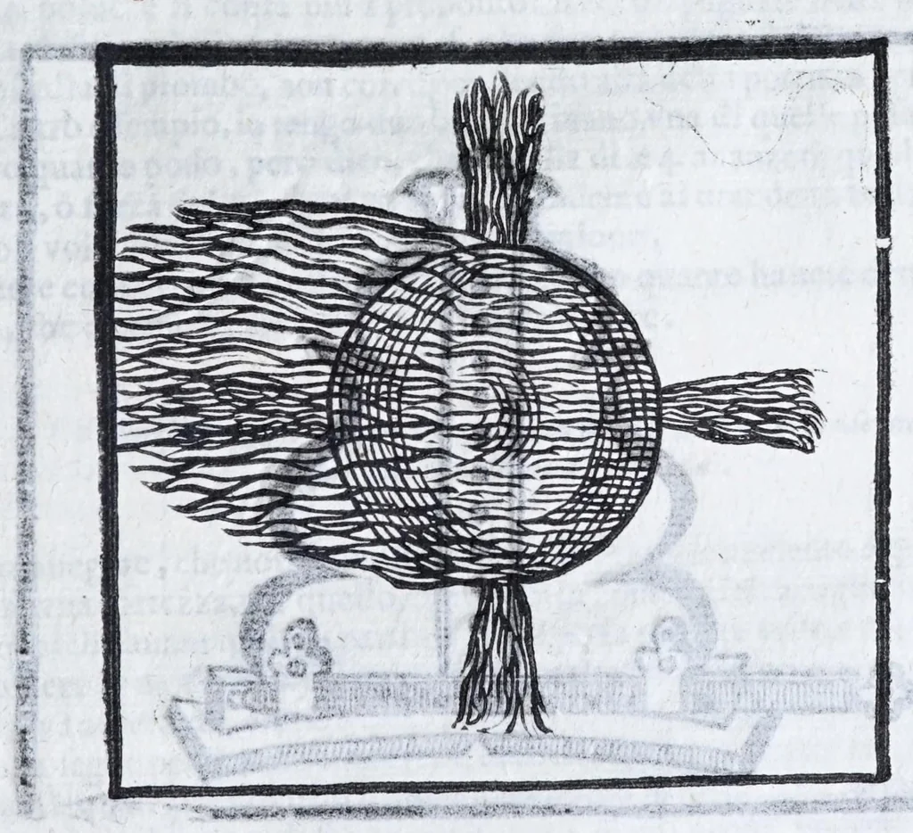An illustration from Corona e palma militare di artiglieria et fortificationi : nellaquale si tratta dell'inuentione di essa, e dell'operare nelle fattioni da terra e mare, fuochi artificiati da giuoco e guerra, & d'vn nuouo instrumento per misurare distanze : con vn trattato della fortificatione moderna, e delli errori scoperti nelle fortezze antiche : tutto à proposito per detto essercitio dell'artiglieria, con dissegni apparenti & intelligibili, 1647, leaf 95