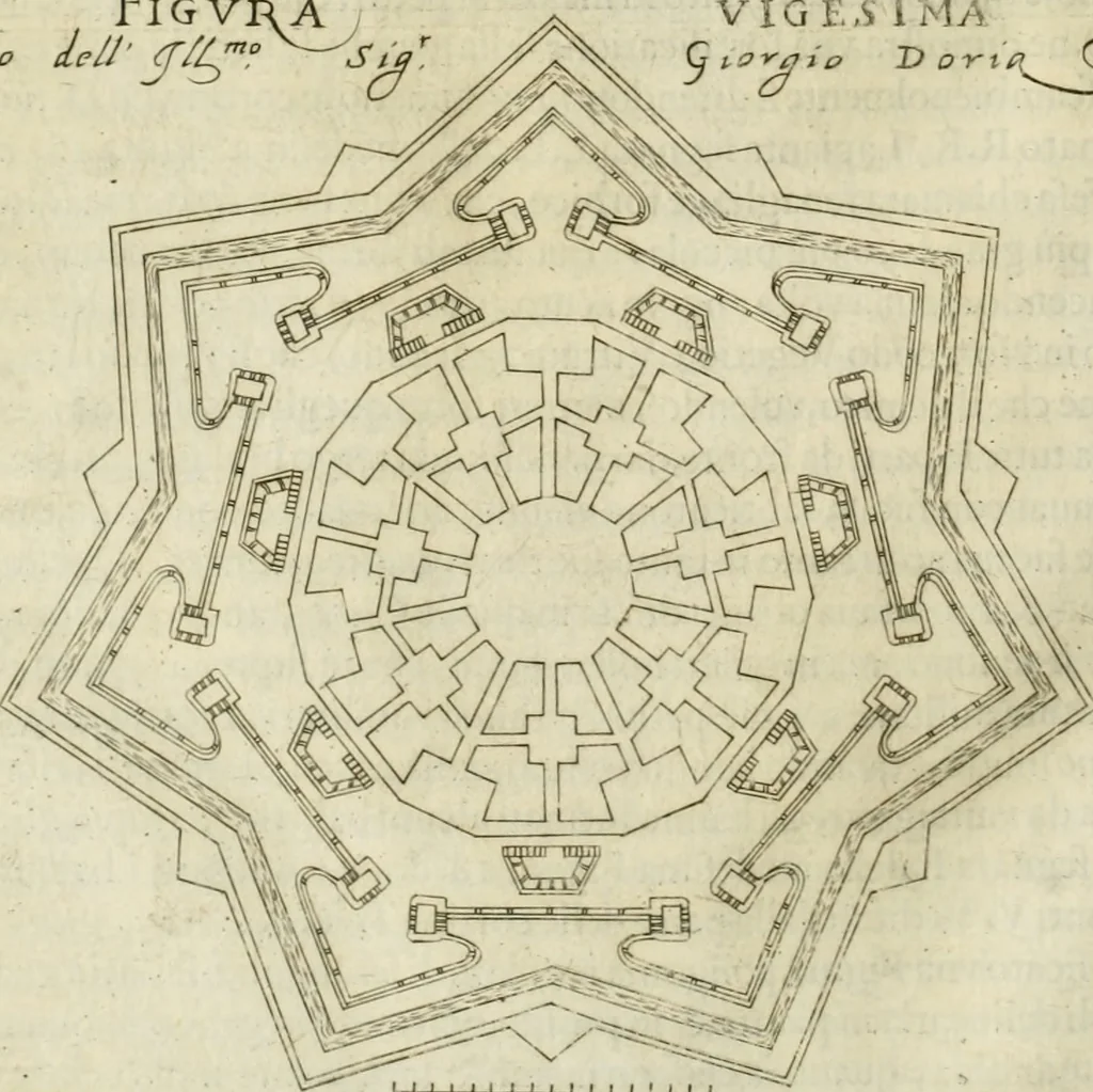 An illustration from Corona imperiale dell' architettura militare, 1618, leaf 365