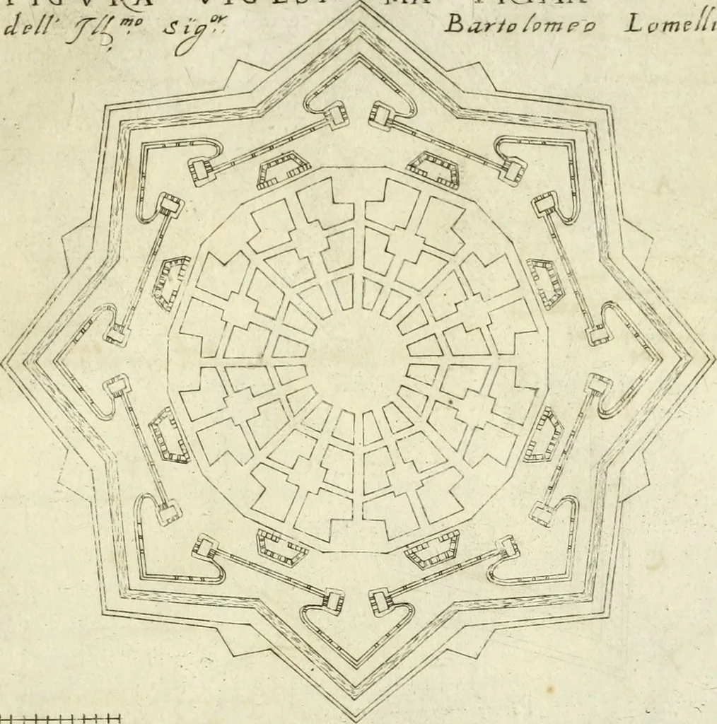 An illustration from Corona imperiale dell' architettura militare, 1618, leaf 366
