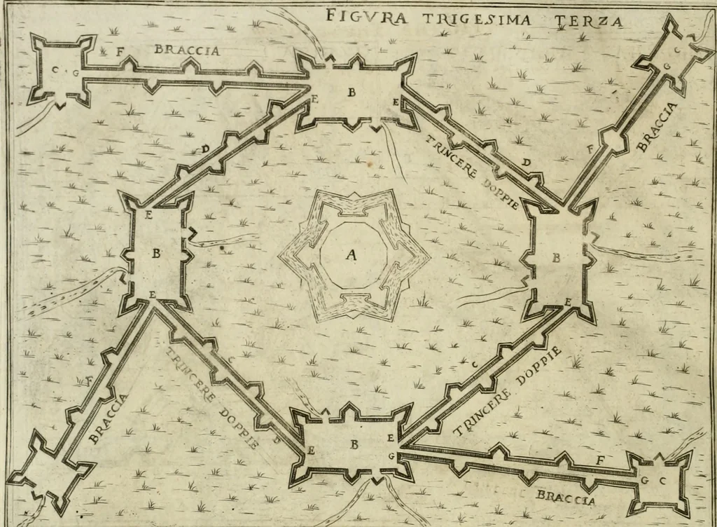 An illustration from Corona imperiale dell' architettura militare, 1618, leaf 385