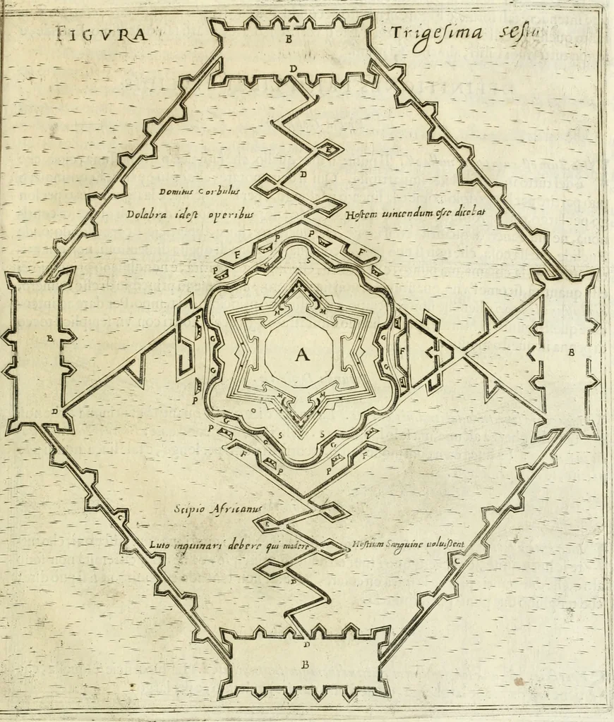 An illustration from Corona imperiale dell' architettura militare, 1618, leaf 398