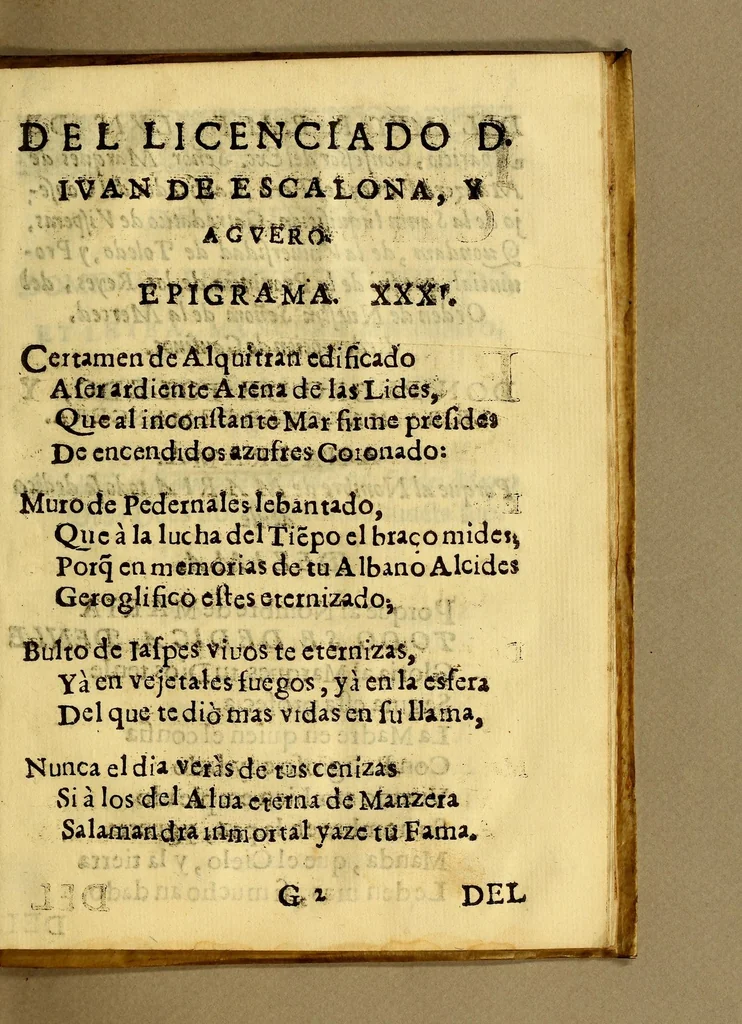 An illustration from Corona mural de Apolo. : Texida en las devidas alabancas, de el Exmo. Sor. D. Pedro de Toledo y Leyva marques de Mancera, señor de las Cinco Villas, del Consejo de Guerra, y gentilhombre de la camara de su Magestad, comendador de Esparragal, de la Orden de Alcantara, virrey gouernador, lugar teniente, y capitan general del Perù, Chile y Tierrafirme, &c. A la construccion de el valentissimo muro, con que cercò el puerto de el Callao: por los afectuosos hijos de las musas, y de este numeroso Lima. / Dada a la estampa. Por el Lic. D. Ioan de Escalona, y Aguero Dada a la estampa. Por el Lic. D. Ioan de Escalona, y Aguero., 1647, leaf 55