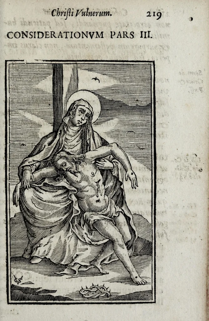 An illustration from Corona sacratissimorum Iesu Christi vulnerum : XXXV considerationibus ex sacra scriptura, sanctis patribus, historia ecclesiastica potissimum desumptis illustrata, 1649, leaf 251