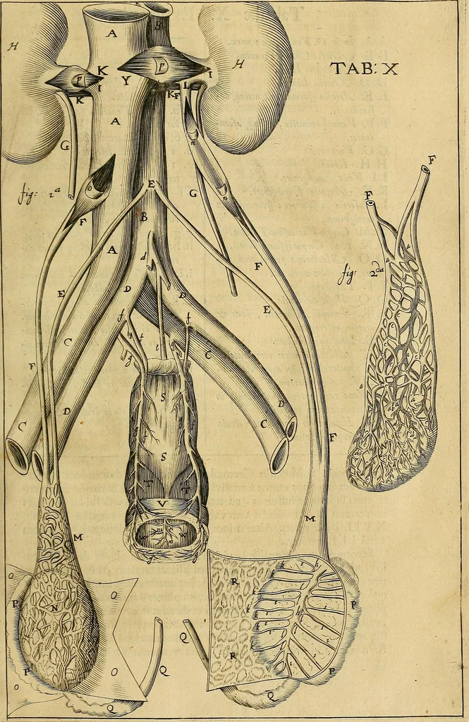 An illustration from Corporis humani disquisitio anatomica : in qua sanguinis circulationem in quavis corporis particula plurimis typis novis, 1651, leaf 104