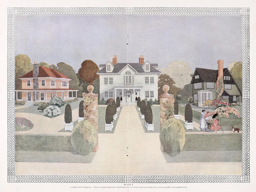 An illustration from Correct color schemes illustrated : painting the house in harmony with its architecture and its setting, together with simple hints on shrubbery arrangement, 1910, leaf 17