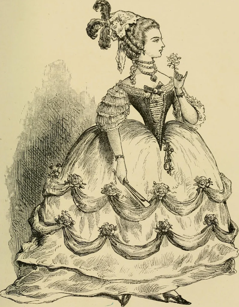An illustration from The corset and the crinoline : a book of modes and costumes from remote periods to the present time, 1868, leaf 130