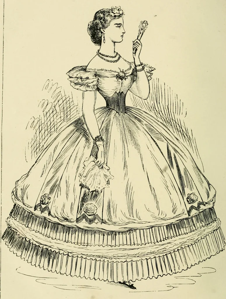 An illustration from The corset and the crinoline : a book of modes and costumes from remote periods to the present time, 1868, leaf 153