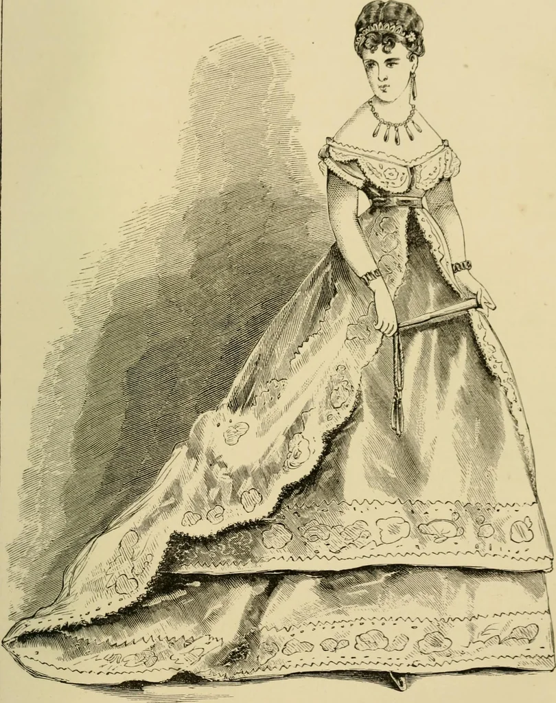 An illustration from The corset and the crinoline : a book of modes and costumes from remote periods to the present time, 1868, leaf 196