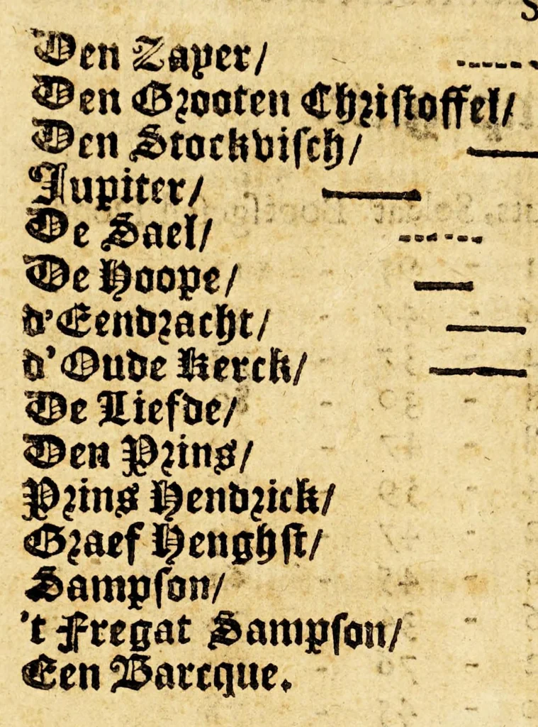 An illustration from Cort verhael, vande ordre die Sijne Conincklicke Majesteyt van Spagnien aen sijn generalissimo den graef de la Torre inde bay de Todos los Sanctos gegeven heeft, om int werck te stellen al 't ghene hy tot recuparatie van Brasil noodigh achten soude. Mitsgaders 't remarcabelste dat op de custe van deselve capitania, soo int ghevecht vande Spaensche vlote sterck 87 zeylen, ende 41 Hollandtsche schepen, als mede by de gene die hy te lande vande Bahia door de bosschen in 't lant gebracht hadde, voorgevallen is, van den 19 november tot den 28 february 1640. toe, 1640, leaf 18