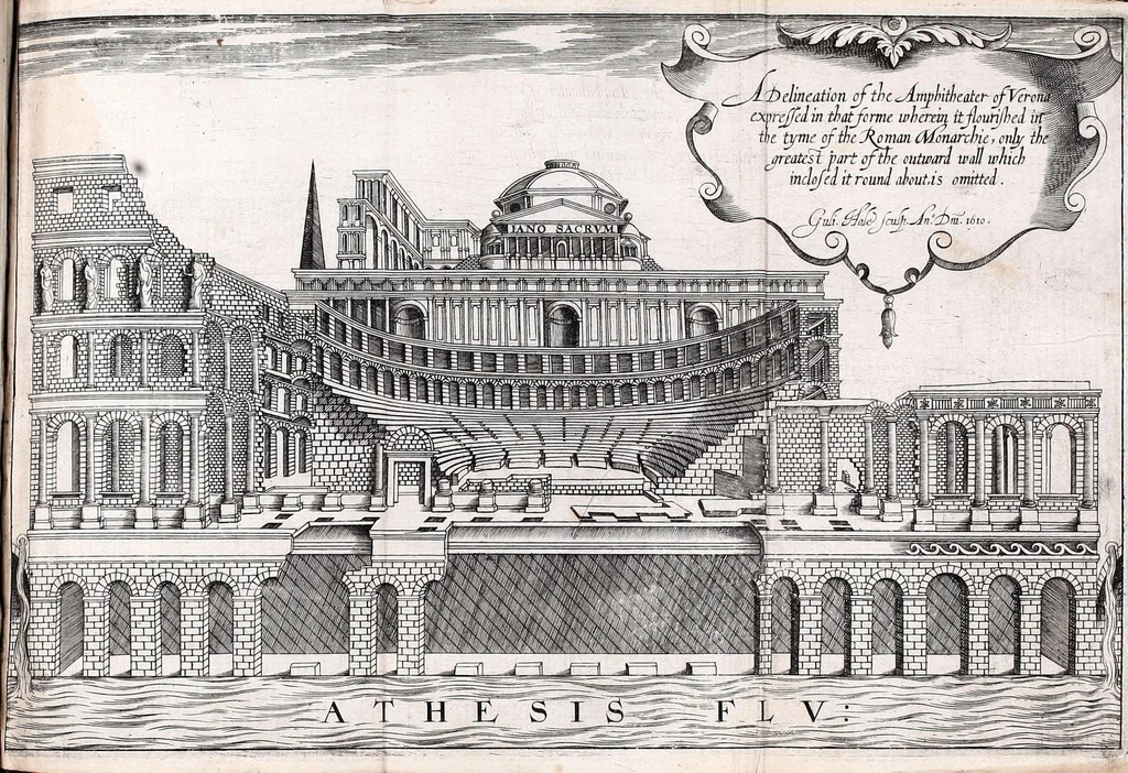 An illustration from Coryats crudities : hastily gobled up in five moneths travells in France, Savoy, Italy, Rhetia commonly called the Grisons country, Helvetia aliàs Switzerland, some parts of high Germany, and the Netherlands : newly digested in the hungry aire of Odcombe in the county of Somerset, & now dispersed to the nourishment of the travelling members of this kingdome ... : now distilled into English spirit through the Odcombian Limbecke; this precedeth the crudities; another also composed by the author of the former, in praise of travell of Germanie in particular, sublimed and brought over the helme in the stillitorie of the said travelling Thomas, this about the center or navell of the crudities : then in the posterne of them looke, and thou shalt find the posthume poems of the authors father .., 1611, leaf 509