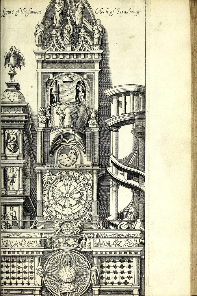 An illustration from Coryats crudities : hastily gobled up in five moneths travells in France, Savoy, Italy, Rhetia commonly called the Grisons country, Helvetia aliàs Switzerland, some parts of high Germany, and the Netherlands : newly digested in the hungry aire of Odcombe in the county of Somerset, & now dispersed to the nourishment of the travelling members of this kingdome ... : now distilled into English spirit through the Odcombian Limbecke; this precedeth the crudities; another also composed by the author of the former, in praise of travell of Germanie in particular, sublimed and brought over the helme in the stillitorie of the said travelling Thomas, this about the center or navell of the crudities : then in the posterne of them looke, and thou shalt find the posthume poems of the authors father .., 1611, leaf 693