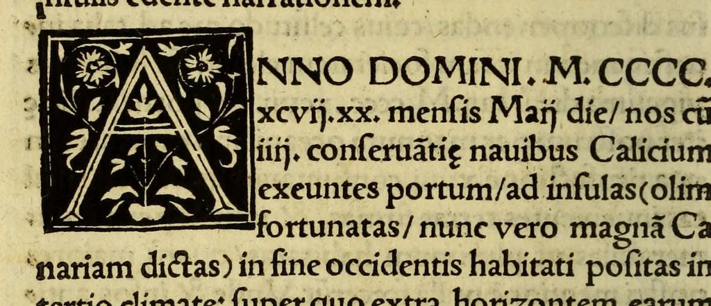 An illustration from Cosmographiae introductio, : cum quibusdam geometriae ac astronomiae principiis ad eam rem necessariis. Insuper Quattuor Americi Vespucij nauigationes. : Vniuersalis cosmographiæ descriptio tam in solido [quam] plano, eis etiam insertis quæ Ptholom[a]eo ignota a nuperis reperta sunt, 1507, leaf 54