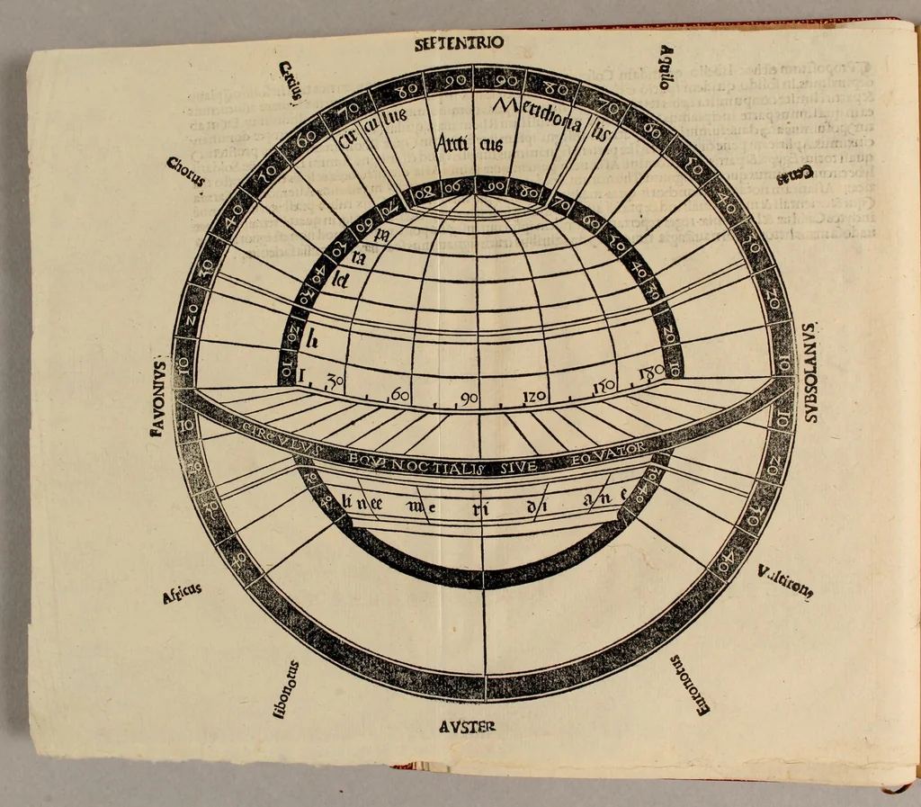 An illustration from Cosmographiae introductio : cum quibusdam geometriæ ac. astronomiae principiis ad eamdem necessariis. Insuper Quatuor Americi Vespucii nauigationes. : Vniuersalis chosmographiæ descriptio tam in solido [quam] plano eis etiam insertis quæ Ptholomæo ignota a nuperis reperta sunt, 1517, leaf 28