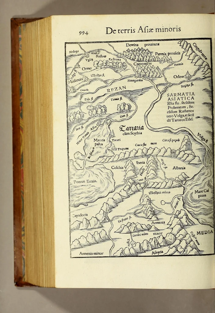 An illustration from Cosmographiae uniuersalis lib. VI. in quibus, iuxta certioris fidei scriptorum traditionem describuntur, omniu[m] habitabilis orbis partiu[m] situs, p[ro]priæq[ue] dotes. regionum topographicæ effigies .., 1550, leaf 1082