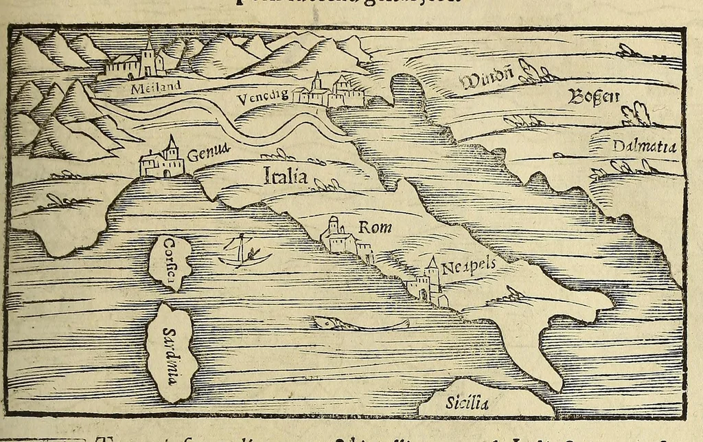 An illustration from Cosmographiae uniuersalis lib. VI. in quibus, iuxta certioris fidei scriptorum traditionem describuntur, omniu[m] habitabilis orbis partiu[m] situs, p[ro]priæq[ue] dotes. regionum topographicæ effigies .., 1550, leaf 223