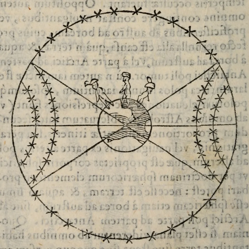 An illustration from Cosmographia in qvatvor libros distribvta summo ordine, miraqve facilitate, ac breuitate ad magnam Ptolemæi mathematicam constructionem, ad vniuersamque astrologiam institutens. Francisco Barocio ... avtore. Cum præfatione eiusdem autoris, in qua perfecta quidem astrologiæ diuisio, & enarratio autorum illustrium, & voluminum ab eis conscriptorum in singulis astrologiæ partibus habetur: Joannis de Sacrobosco verò 84 errores, et alij permulti suorum expositorum, & sectatorum ostenduntur. rationibusq[uam] redarguuntur. Præcesserunt etiam quædam communia mathematica, necnon arithmetica, & geometrica principia, nonnullæq[uam] propositiones, de quibus in toto opere sæpe fit mentio: ac demum locupletissimus index eorum, quæ ipsa Cosmographia continentur .., 1585, leaf 163