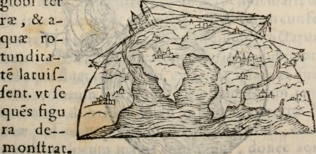 An illustration from Cosmographia in qvatvor libros distribvta summo ordine, miraqve facilitate, ac breuitate ad magnam Ptolemæi mathematicam constructionem, ad vniuersamque astrologiam institutens. Francisco Barocio ... avtore. Cum præfatione eiusdem autoris, in qua perfecta quidem astrologiæ diuisio, & enarratio autorum illustrium, & voluminum ab eis conscriptorum in singulis astrologiæ partibus habetur: Joannis de Sacrobosco verò 84 errores, et alij permulti suorum expositorum, & sectatorum ostenduntur. rationibusq[uam] redarguuntur. Præcesserunt etiam quædam communia mathematica, necnon arithmetica, & geometrica principia, nonnullæq[uam] propositiones, de quibus in toto opere sæpe fit mentio: ac demum locupletissimus index eorum, quæ ipsa Cosmographia continentur .., 1585, leaf 164
