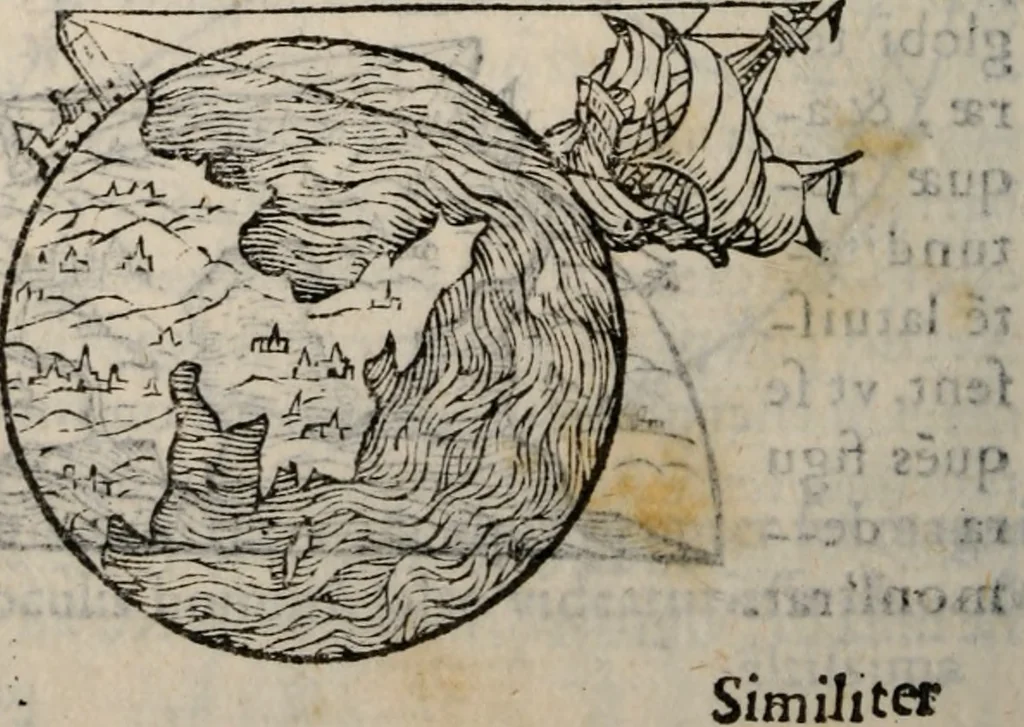 An illustration from Cosmographia in qvatvor libros distribvta summo ordine, miraqve facilitate, ac breuitate ad magnam Ptolemæi mathematicam constructionem, ad vniuersamque astrologiam institutens. Francisco Barocio ... avtore. Cum præfatione eiusdem autoris, in qua perfecta quidem astrologiæ diuisio, & enarratio autorum illustrium, & voluminum ab eis conscriptorum in singulis astrologiæ partibus habetur: Joannis de Sacrobosco verò 84 errores, et alij permulti suorum expositorum, & sectatorum ostenduntur. rationibusq[uam] redarguuntur. Præcesserunt etiam quædam communia mathematica, necnon arithmetica, & geometrica principia, nonnullæq[uam] propositiones, de quibus in toto opere sæpe fit mentio: ac demum locupletissimus index eorum, quæ ipsa Cosmographia continentur .., 1585, leaf 165
