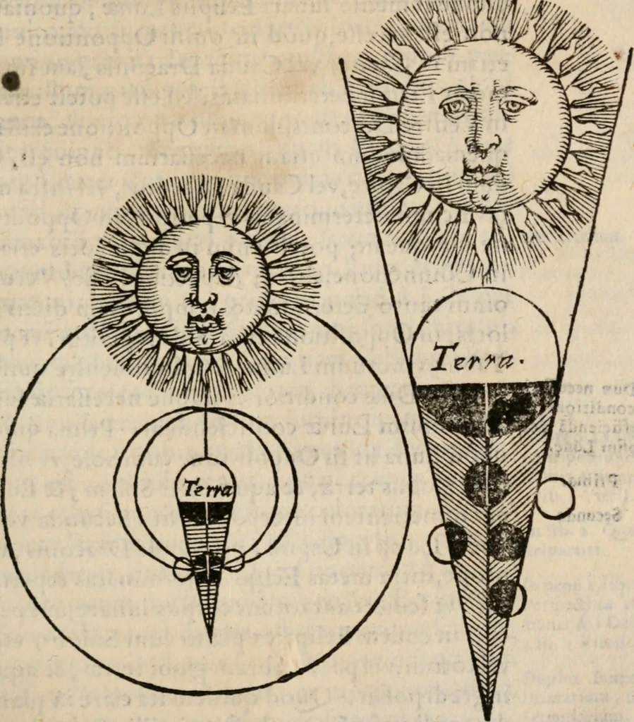 An illustration from Cosmographia in qvatvor libros distribvta summo ordine, miraqve facilitate, ac breuitate ad magnam Ptolemæi mathematicam constructionem, ad vniuersamque astrologiam institutens. Francisco Barocio ... avtore. Cum præfatione eiusdem autoris, in qua perfecta quidem astrologiæ diuisio, & enarratio autorum illustrium, & voluminum ab eis conscriptorum in singulis astrologiæ partibus habetur: Joannis de Sacrobosco verò 84 errores, et alij permulti suorum expositorum, & sectatorum ostenduntur. rationibusq[uam] redarguuntur. Præcesserunt etiam quædam communia mathematica, necnon arithmetica, & geometrica principia, nonnullæq[uam] propositiones, de quibus in toto opere sæpe fit mentio: ac demum locupletissimus index eorum, quæ ipsa Cosmographia continentur .., 1585, leaf 462