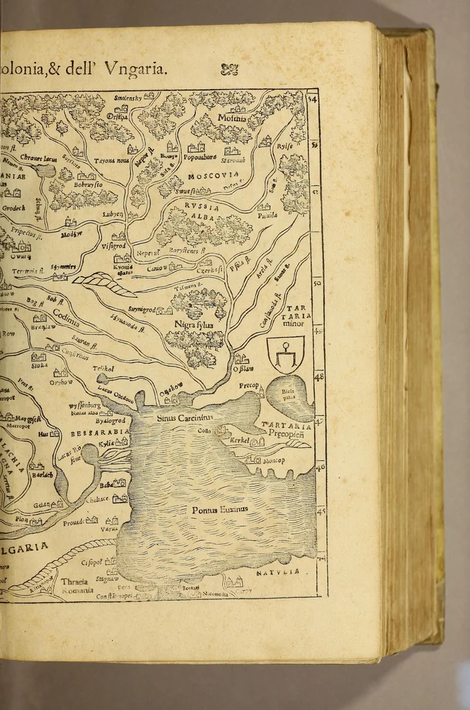 An illustration from Cosmographia vniuersale, nella quale secondo che n'hanno parlato : ipiu veraci scrittori, son designati i siti di tutti gli paësi. I siti de tutte le parti del mondo habitabile, & le proprie doti: le tauole topographice delle regioni ..., 1575, leaf 55