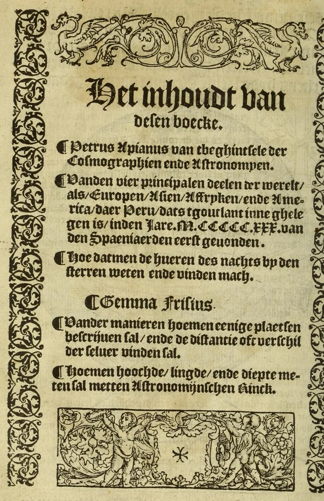 An illustration from Cosmographie, oft Beschrijuinghe der geheelder werelt van Petrus Apianus. derdwerf nu ghecorrigeert van Gemma Frisio ... Metten zeecompasse ende anderen boecxkens byden selve[n] Gemma daer toegedaen, 1553, leaf 8
