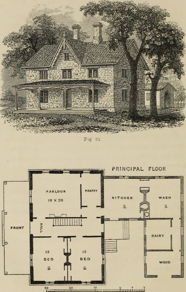 An illustration from Cottage residences : or, A series of designs for rural cottages and cottage villas, and their gardens and grounds. Adapted to North America, 1847, leaf 107
