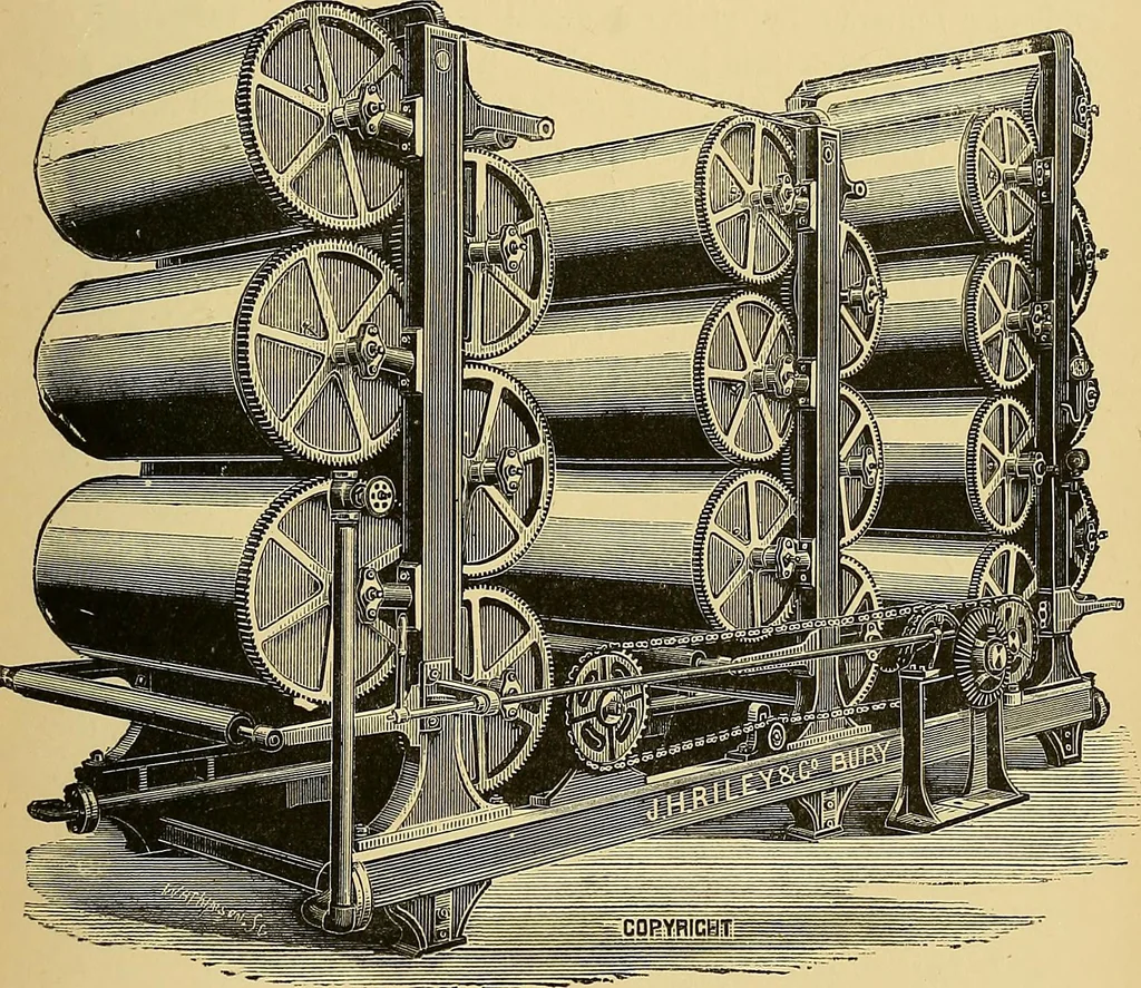 An illustration from Cotton manufacture: a manual of practical instruction in the processes of opening, carding, combing, drawing, doubling, and spinning of cotton, and the methods of dyeing and preparing goods for the market, 1894, leaf 113