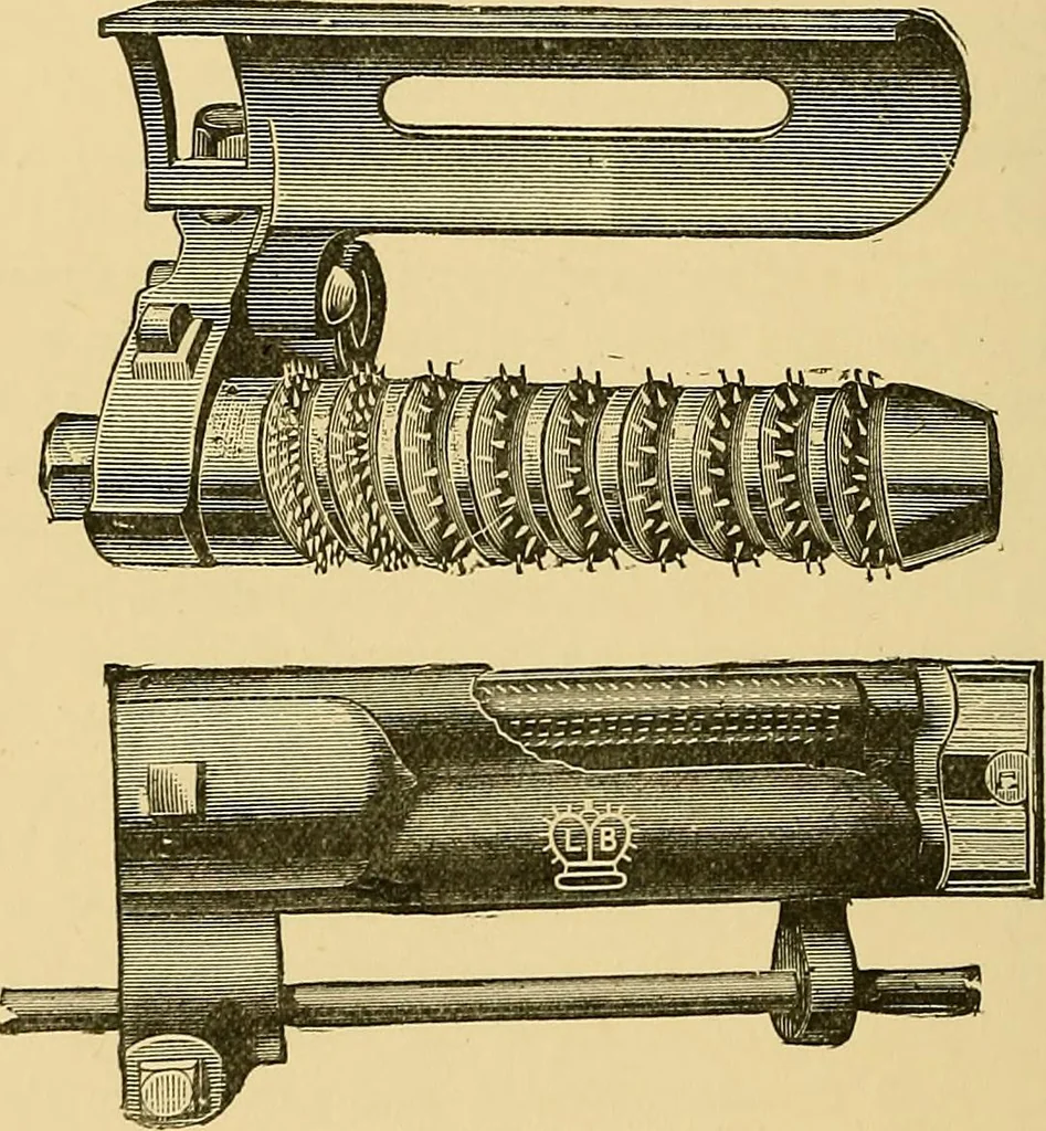 An illustration from Cotton manufacture: a manual of practical instruction in the processes of opening, carding, combing, drawing, doubling, and spinning of cotton, and the methods of dyeing and preparing goods for the market, 1894, leaf 200
