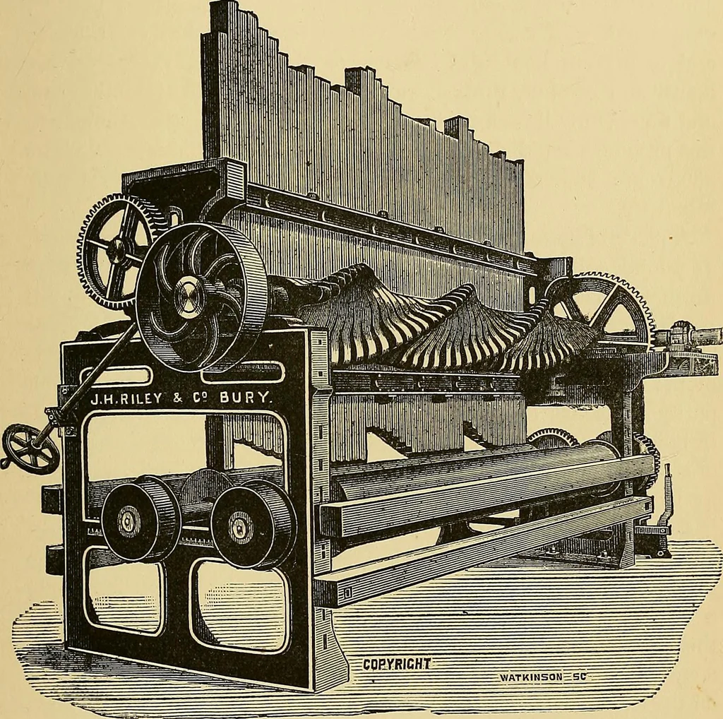 An illustration from Cotton manufacture: a manual of practical instruction in the processes of opening, carding, combing, drawing, doubling, and spinning of cotton, and the methods of dyeing and preparing goods for the market, 1894, leaf 219