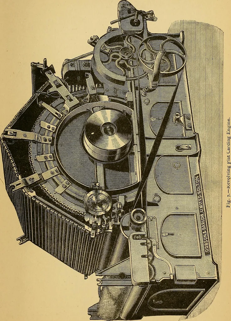 An illustration from Cotton manufacture: a manual of practical instruction in the processes of opening, carding, combing, drawing, doubling, and spinning of cotton, and the methods of dyeing and preparing goods for the market, 1894, leaf 31