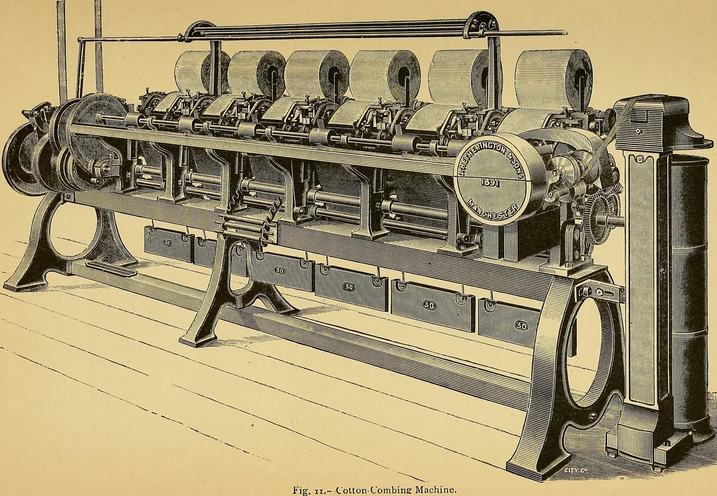 An illustration from Cotton manufacture: a manual of practical instruction in the processes of opening, carding, combing, drawing, doubling, and spinning of cotton, and the methods of dyeing and preparing goods for the market, 1894, leaf 41