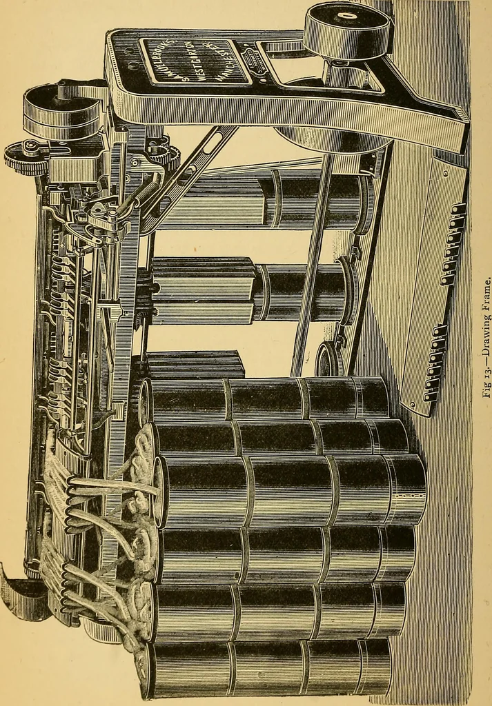 An illustration from Cotton manufacture: a manual of practical instruction in the processes of opening, carding, combing, drawing, doubling, and spinning of cotton, and the methods of dyeing and preparing goods for the market, 1894, leaf 46