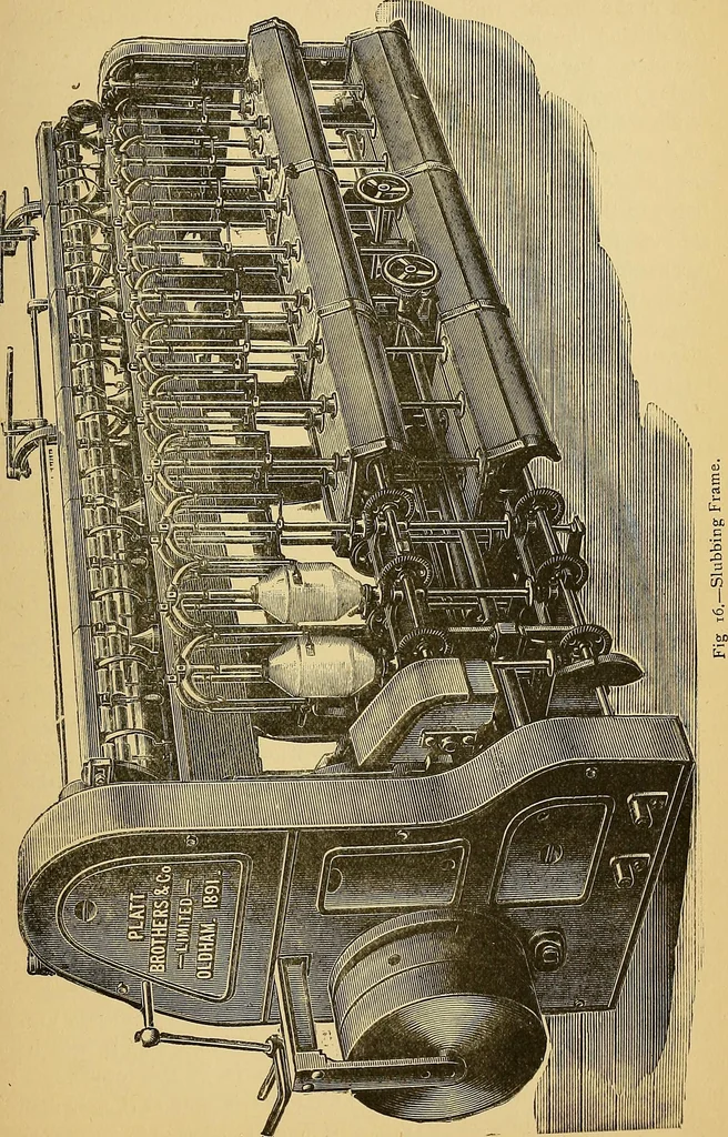 An illustration from Cotton manufacture: a manual of practical instruction in the processes of opening, carding, combing, drawing, doubling, and spinning of cotton, and the methods of dyeing and preparing goods for the market, 1894, leaf 57