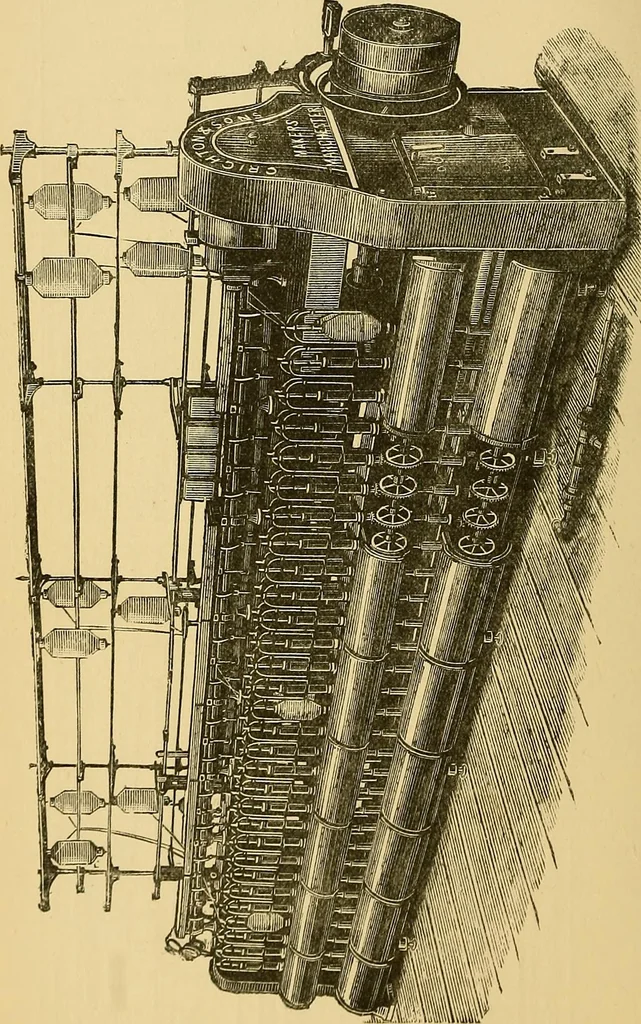 An illustration from Cotton manufacture: a manual of practical instruction in the processes of opening, carding, combing, drawing, doubling, and spinning of cotton, and the methods of dyeing and preparing goods for the market, 1894, leaf 60