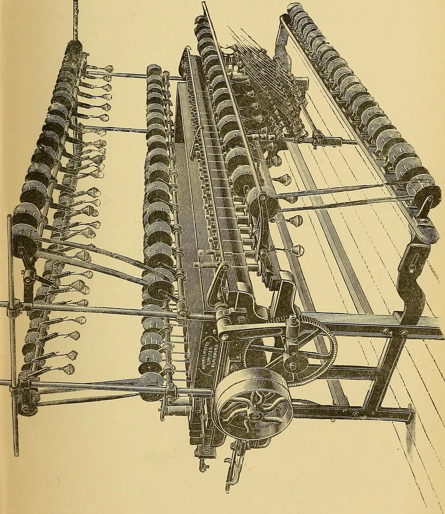 An illustration from Cotton manufacture: a manual of practical instruction in the processes of opening, carding, combing, drawing, doubling, and spinning of cotton, and the methods of dyeing and preparing goods for the market, 1894, leaf 97