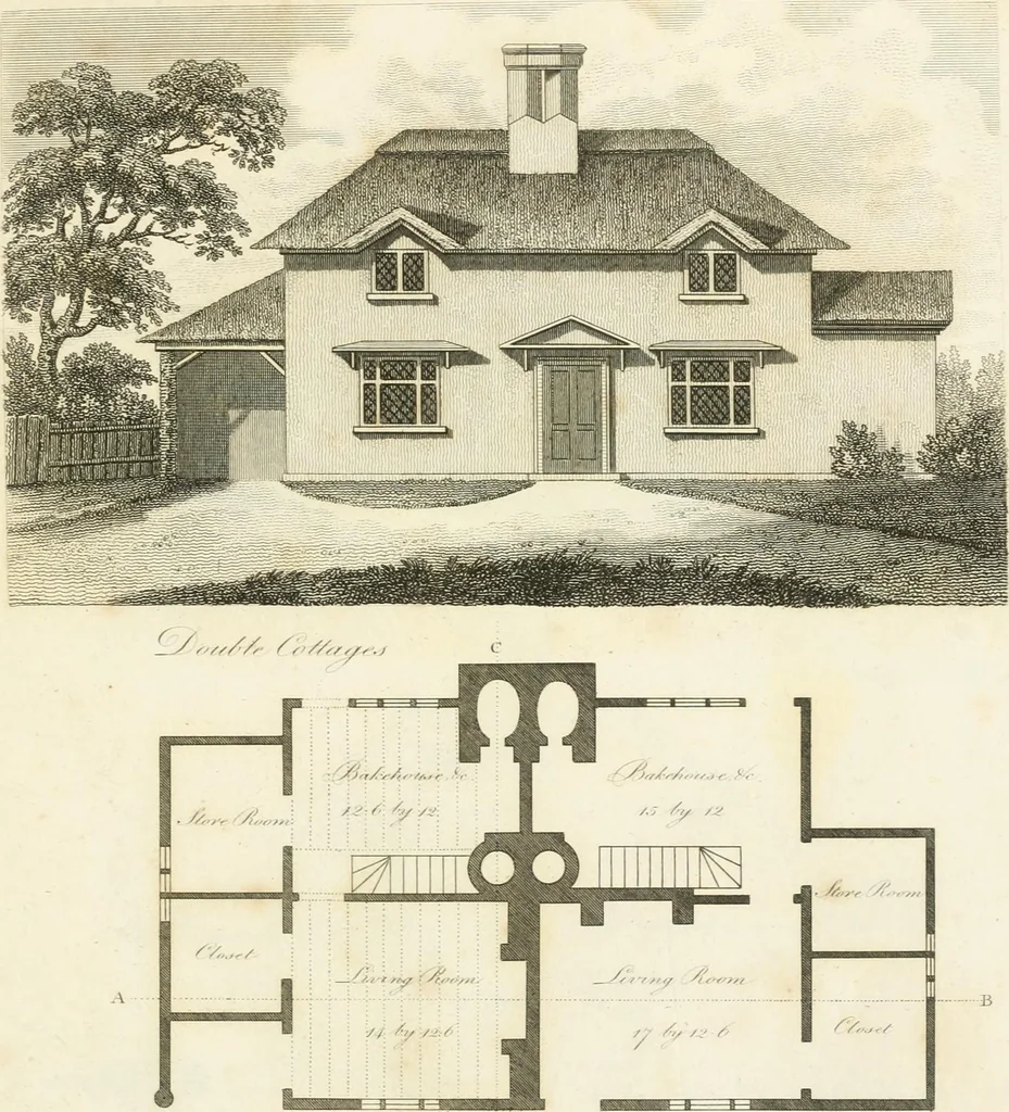 An illustration from The country gentleman's architect : containing a variety of designs for farm houses and farm yards ... : with plans and sections shewing at large the construction of cottages, barns, stables, feeding-houses, dairies, brew-houses, maltings, &c. : with plans for stables and dog-kennels : to which are added, designs for labourers' cottages and small villas : the whole adapted to the use of country gentlemen about to build or to alter, 1807, leaf 38