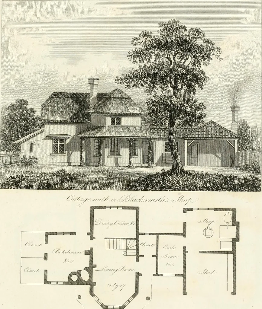 An illustration from The country gentleman's architect : containing a variety of designs for farm houses and farm yards ... : with plans and sections shewing at large the construction of cottages, barns, stables, feeding-houses, dairies, brew-houses, maltings, &c. : with plans for stables and dog-kennels : to which are added, designs for labourers' cottages and small villas : the whole adapted to the use of country gentlemen about to build or to alter, 1807, leaf 42