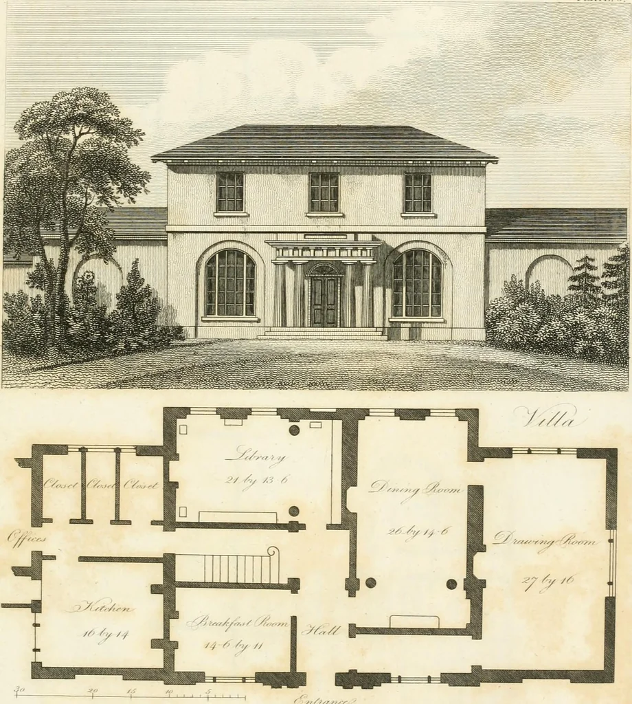 An illustration from The country gentleman's architect : containing a variety of designs for farm houses and farm yards ... : with plans and sections shewing at large the construction of cottages, barns, stables, feeding-houses, dairies, brew-houses, maltings, &c. : with plans for stables and dog-kennels : to which are added, designs for labourers' cottages and small villas : the whole adapted to the use of country gentlemen about to build or to alter, 1807, leaf 50