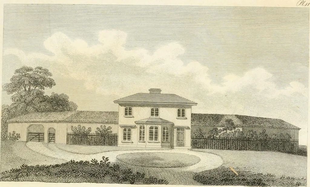An illustration from The country gentleman's architect : containing a variety of designs for farm houses and farm yards ... : with plans and sections shewing at large the construction of cottages, barns, stables, feeding-houses, dairies, brew-houses, maltings, &c. : with plans for stables and dog-kennels : to which are added, designs for labourers' cottages and small villas : the whole adapted to the use of country gentlemen about to build or to alter, 1807, leaf 56