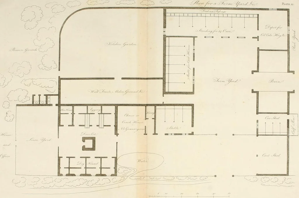An illustration from The country gentleman's architect : containing a variety of designs for farm houses and farm yards ... : with plans and sections shewing at large the construction of cottages, barns, stables, feeding-houses, dairies, brew-houses, maltings, &c. : with plans for stables and dog-kennels : to which are added, designs for labourers' cottages and small villas : the whole adapted to the use of country gentlemen about to build or to alter, 1807, leaf 59