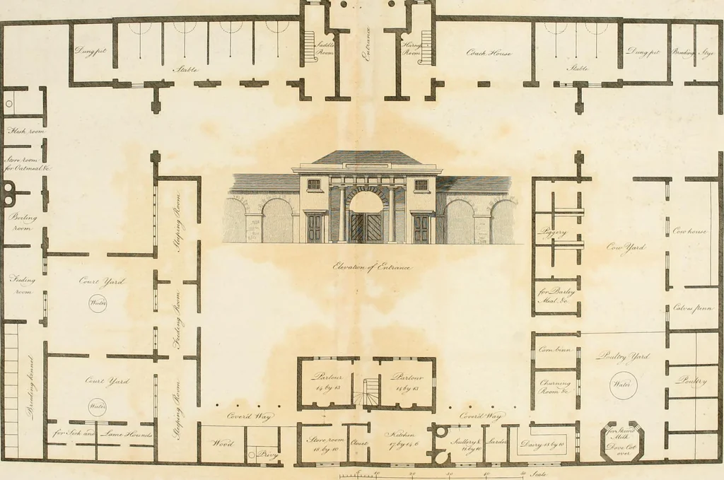 An illustration from The country gentleman's architect : containing a variety of designs for farm houses and farm yards ... : with plans and sections shewing at large the construction of cottages, barns, stables, feeding-houses, dairies, brew-houses, maltings, &c. : with plans for stables and dog-kennels : to which are added, designs for labourers' cottages and small villas : the whole adapted to the use of country gentlemen about to build or to alter, 1807, leaf 65