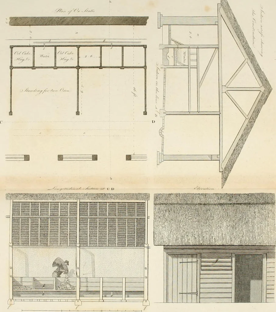 An illustration from The country gentleman's architect : containing a variety of designs for farm houses and farm yards ... : with plans and sections shewing at large the construction of cottages, barns, stables, feeding-houses, dairies, brew-houses, maltings, &c. : with plans for stables and dog-kennels : to which are added, designs for labourers' cottages and small villas : the whole adapted to the use of country gentlemen about to build or to alter, 1807, leaf 73