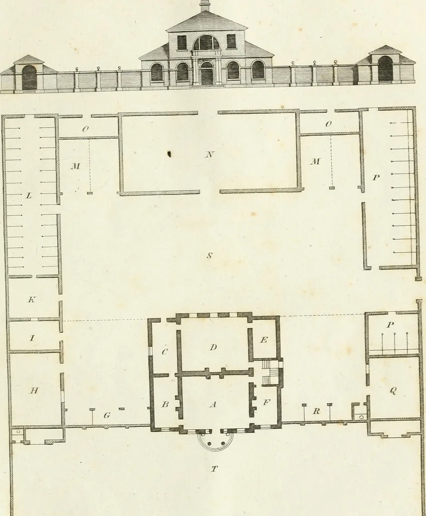 An illustration from The country gentleman's architect, in a great variety of new designs : for cottages, farm-houses, country-houses, villas, lodges for park or garden entrances, and ornamental wooden gates : with plans of the offices belonging to each design, distributed with a strict attention to convenience, elegance, and economy : engraved on thirty-two plates, from designs drawn, 1789, leaf 56