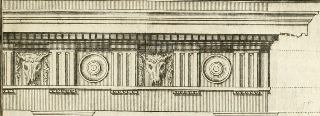 An illustration from Cours d'architecture : qui comprend Les ordres de Vignole, avec des commentaires, les figures & les descriptions de ses plus beaux bâtimens, & de ceux de Michel-Ange, des instructions et des preceptes, & plusieurs nouveaux desseins concernans la distribution & la décoration, la matière & la construction des édifices, la maçonnerie, la charpenterie, la couverture, la serrurerie, la menuiserie, le jardinage, & géneralement tout ce qui regarde l'art de bastir, 1738, leaf 100