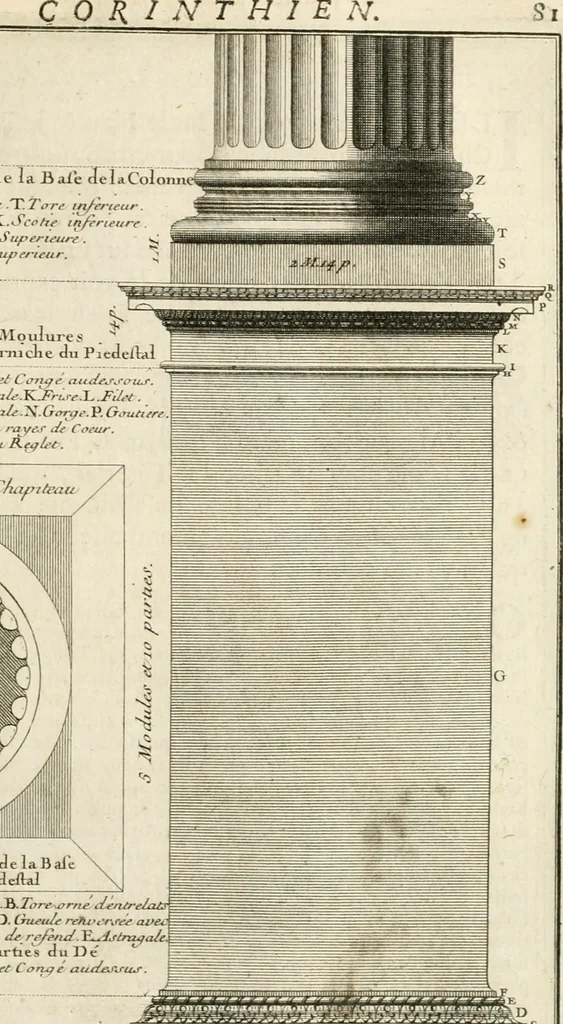 An illustration from Cours d'architecture : qui comprend Les ordres de Vignole, avec des commentaires, les figures & les descriptions de ses plus beaux bâtimens, & de ceux de Michel-Ange, des instructions et des preceptes, & plusieurs nouveaux desseins concernans la distribution & la décoration, la matière & la construction des édifices, la maçonnerie, la charpenterie, la couverture, la serrurerie, la menuiserie, le jardinage, & géneralement tout ce qui regarde l'art de bastir, 1738, leaf 146