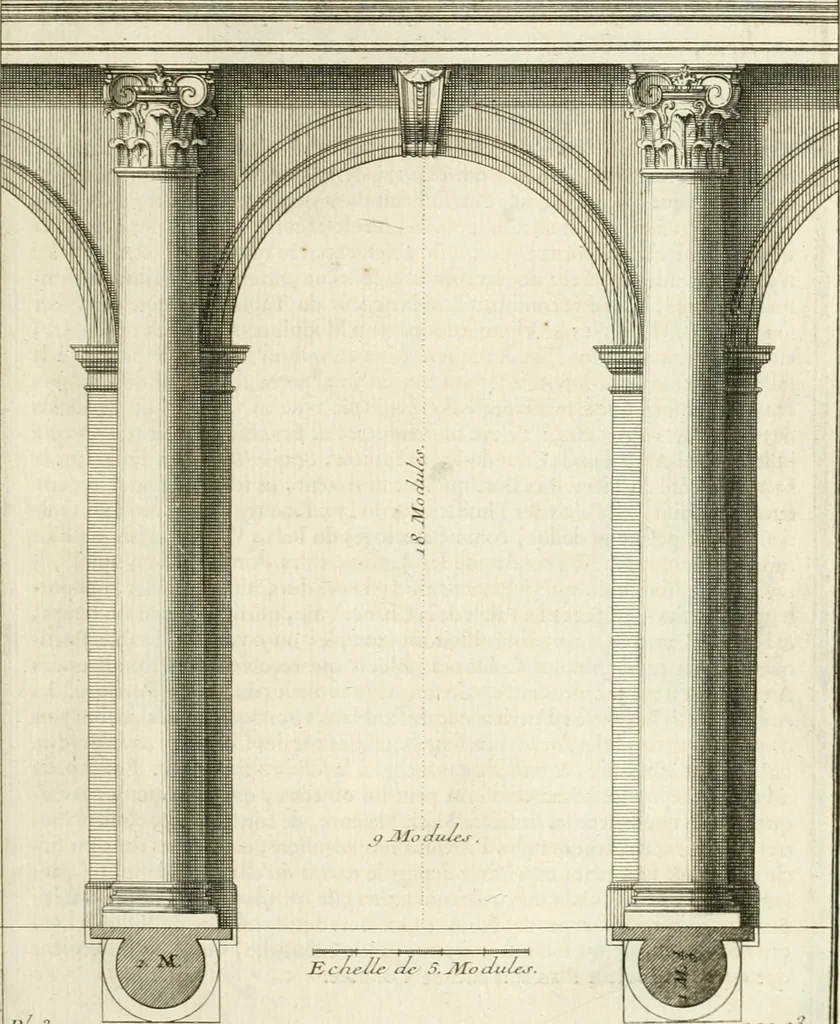 An illustration from Cours d'architecture : qui comprend Les ordres de Vignole, avec des commentaires, les figures & les descriptions de ses plus beaux bâtimens, & de ceux de Michel-Ange, des instructions et des preceptes, & plusieurs nouveaux desseins concernans la distribution & la décoration, la matière & la construction des édifices, la maçonnerie, la charpenterie, la couverture, la serrurerie, la menuiserie, le jardinage, & géneralement tout ce qui regarde l'art de bastir, 1738, leaf 158