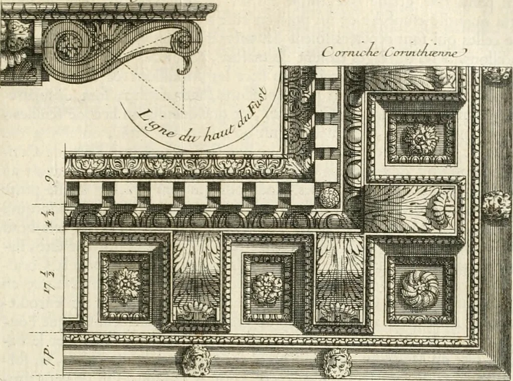 An illustration from Cours d'architecture : qui comprend Les ordres de Vignole, avec des commentaires, les figures & les descriptions de ses plus beaux bâtimens, & de ceux de Michel-Ange, des instructions et des preceptes, & plusieurs nouveaux desseins concernans la distribution & la décoration, la matière & la construction des édifices, la maçonnerie, la charpenterie, la couverture, la serrurerie, la menuiserie, le jardinage, & géneralement tout ce qui regarde l'art de bastir, 1738, leaf 170