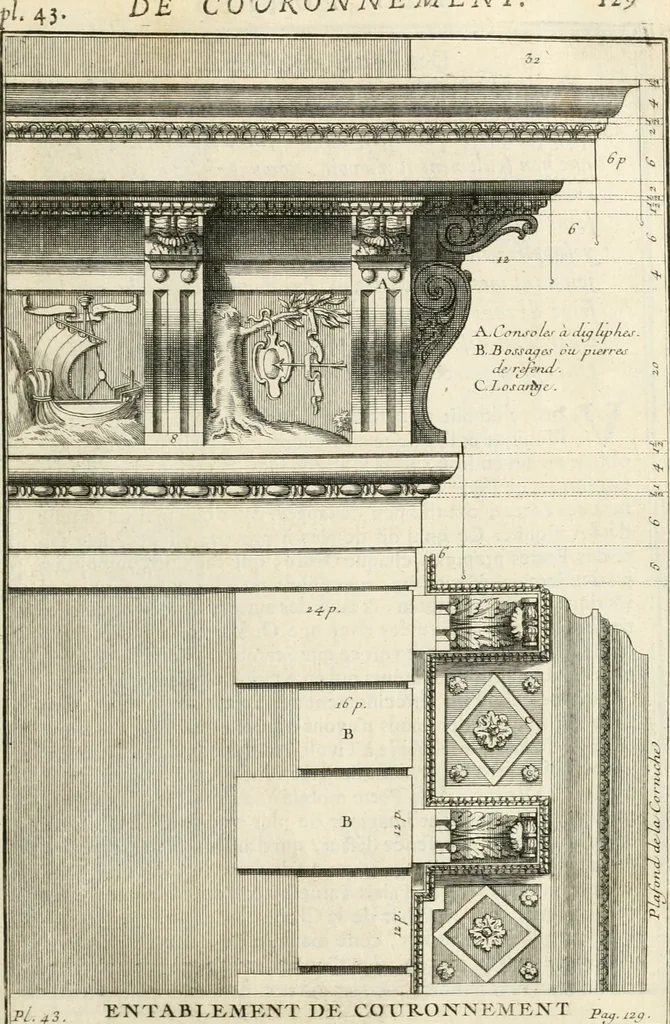 An illustration from Cours d'architecture : qui comprend Les ordres de Vignole, avec des commentaires, les figures & les descriptions de ses plus beaux bâtimens, & de ceux de Michel-Ange, des instructions et des preceptes, & plusieurs nouveaux desseins concernans la distribution & la décoration, la matière & la construction des édifices, la maçonnerie, la charpenterie, la couverture, la serrurerie, la menuiserie, le jardinage, & géneralement tout ce qui regarde l'art de bastir, 1738, leaf 194