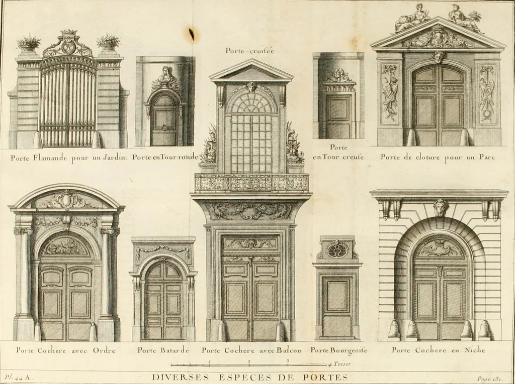An illustration from Cours d'architecture : qui comprend Les ordres de Vignole, avec des commentaires, les figures & les descriptions de ses plus beaux bâtimens, & de ceux de Michel-Ange, des instructions et des preceptes, & plusieurs nouveaux desseins concernans la distribution & la décoration, la matière & la construction des édifices, la maçonnerie, la charpenterie, la couverture, la serrurerie, la menuiserie, le jardinage, & géneralement tout ce qui regarde l'art de bastir, 1738, leaf 197